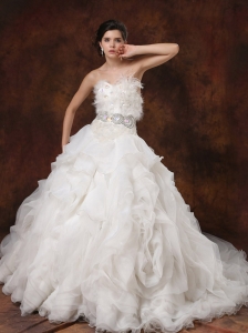 Beaded Decorate Bodice Ruffled Layers Feather Ball Gown Wedding Dress For 2013 Sweetheart Chapel Train
