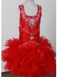 Red Pretty Scoop Neckline Beaded Decorate Litter Girl Pagaent Dress