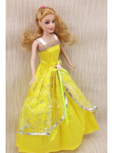 Elegant Party Dress With Yellow Taffeta Made To Fit The Quinceanera Doll