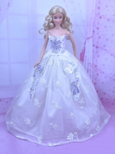 Elegant White Gown With Embroidery And Sequins Made To Fit The Quinceanera Doll