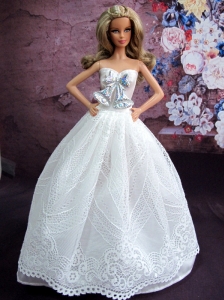 Elegant White Gown With White Lace And Bowknot Made To Fit The Quinceanera Doll