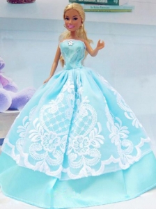 Embroidery Baby Blue For Princess Quinceanera Doll Dress