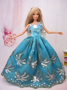 Exclusive Ball Gown Teal Beading Hand Made Flower Quinceanera Doll Dress