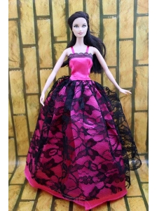 Gorgeous Hot Pink And Black Lace Gown For Quinceanera Doll