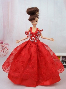 New Beautiful Ball Gown Red Lace Handmade Party Clothes Fashion Dress For Quinceanera Doll