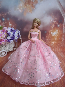 Sequin Decorate Fashion Princess Pink Dress Gown For Quinceanera Doll