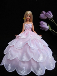 Embroidery Pink Ruffled Layers Ball Gown Quinceanera Doll Dress