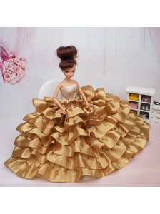 Luxurious Ball Gown Asymmetrical Gold Ruffled Layeres Clothes Party Fashion Dress For Quinceanera Doll