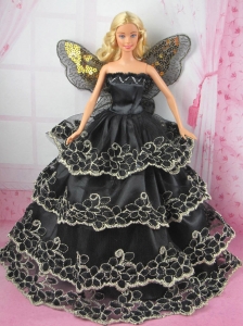 Luxurious Black Strapless Lace Ruffled Layeres Party Clothes Fashion Dress For Quinceanera Doll