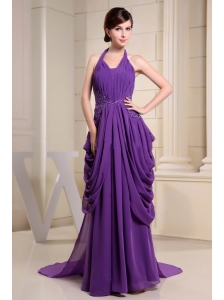Purple Prom Dress With Halter Ruch and Appliques