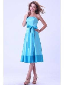 Aqua Blue Bridemaid Dress With Sash Tea-length Satin