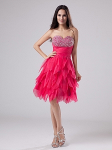 Beaded Decorate Bust Sweetheart For Coral Red Prom / Cocktail Dress With Ruffles Knee-length