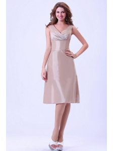 Champagne V-neck Bridemaid Dress With Knee-length