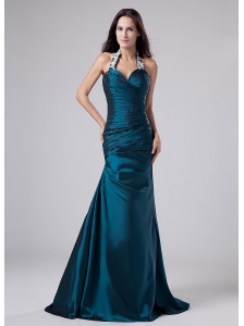Modest Halter Turquoise Prom Dress With Appliques and Ruch With Taffeta In 2013