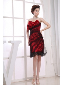One Shoulder Column Tulle Hand Made Flowers Knee-length Red Prom Dress