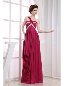 Beading and Ruching Decorate Bodice One Shoulder Wine Red Elastic Woven Satin Prom Dress For 2013 Floor-length