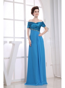 Beading Decorate Bodice Off The Shoulder Blue Chiffon and Taffeta 2013 Prom Dress Floor-length