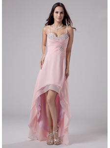 Beading Spaghetti Straps Empire Chiffon High-low Prom Dress Pink
