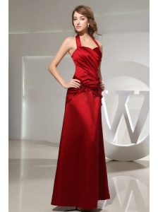 Halter Ruched Ankle-length Wine Red Satin Bridemaid Dress Column
