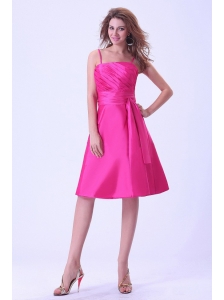 Hot Pink Bridemaid Dress With Sash and Ruching Spaghetti Straps Knee-length Taffeta