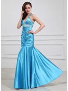 Mermaid Beading Halter Elastic Woven Satin Prom Dress Floor-length Blue