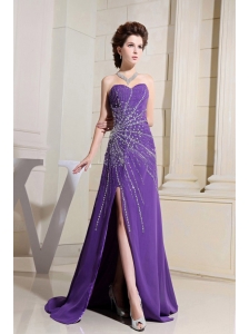 Purple Prom / Evening Dress With Beading and High Slit Brush Train