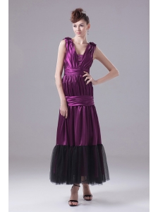 Eggplant Purple Prom Dress With Ruch and Ankle-length