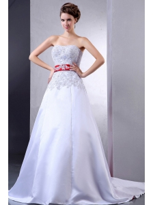 2013 Luxurious Wedding Dress With Appliques and Red Sash Court Train For Custom Made