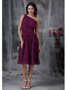 Purple Short Empire One Shoulder Chiffon Ruch Dama Dresses