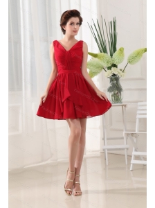 Red V-neck Ruching Chiffon 2013 Dama Dresses On Sale
