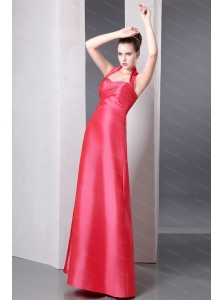 Halter  Coral Red Column Ankle-length Taffeta Dama Dress