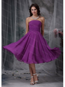 Short Purple Strapless Chiffon Dama Dress With Ruch