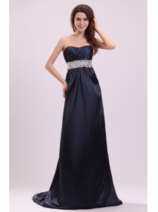 Elegant Empire Strapless Navy Blue Elastic Woven SatiN Beading Prom Dress with Brush Train