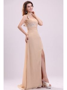 Champagne High Slit One Shoulder Prom Dress with Appliques and Beading