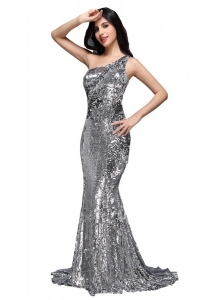 Column Sequins High Slit Silver One Shoulder Brush Train Prom Dress
