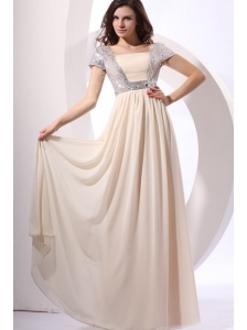 Empire Chiffon Scoop Champagne Long Prom Dress with Short Sleeves