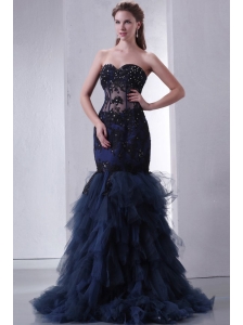 Navy Blue Mermaid Sweetheart Prom Dress with Appliques and Beading