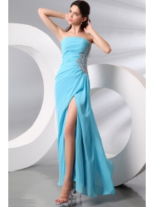 Strapless Aqua Blue Floor-length Appliques and High Silt Prom Dress