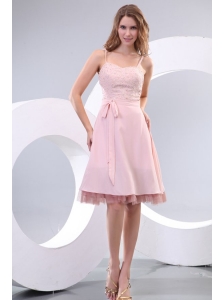 Straps Baby Pink Empire Knee-length Prom Dress with Beading and Bowknot