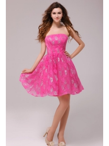 A-line Hot Pink Strapless Knee-length Prom Dress