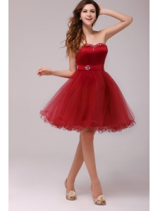 A-line Wine Red Sweetheart Beading Knee-length Prom Dress