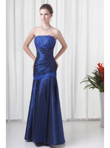 Column Strapless Navy Blue Ruching Prom Dress with Lace Up