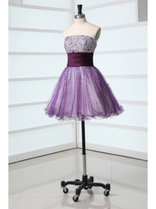 Lovely A-line Sweetheart Purple Mini-length Beading Tulle Prom Dress