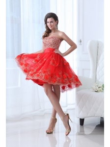 Red A-line Sweetheart Knee-length Tulle Prom Dress with Beading and Hand Made Flowers