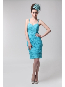 Blue Straps Column Side Zippe Chiffon Knee-length Ruching Prom Dress