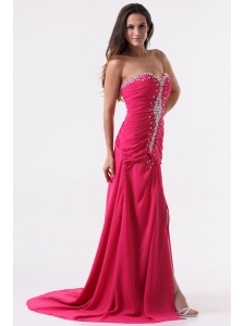 Column Sweetheart Beading and Ruching Hot Pink Long Prom Dress