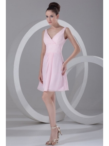 Pink A-line V-neck Mini-length Ruching Chiffon Prom Dress