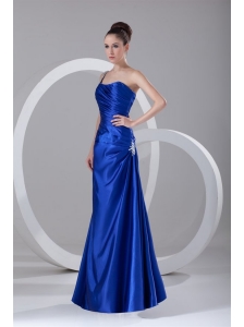 Simple Column One Shoulder Floor length Appliques and Ruching Blue Prom Dress