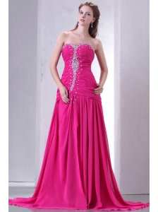 A-line Sweetheart Beading and Ruche Chiffon Prom Dress in Hot Pink