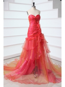 A-line Sweetheart Red Court Train Organza Beading Prom Dress